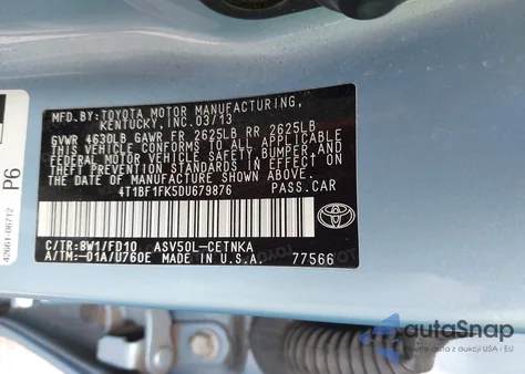 2013 Toyota Camry Le из США, поврежденный, VIN 4T1BF1FK5DU679876